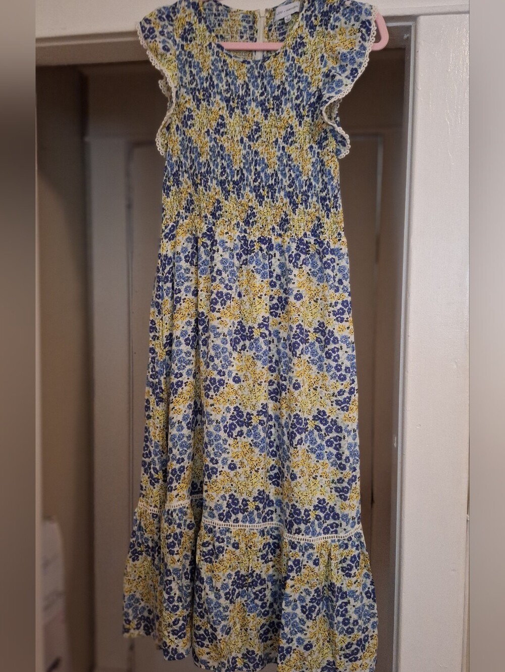 Lost + Wander Blue and Yellow Floral Smocked Maxi Dress